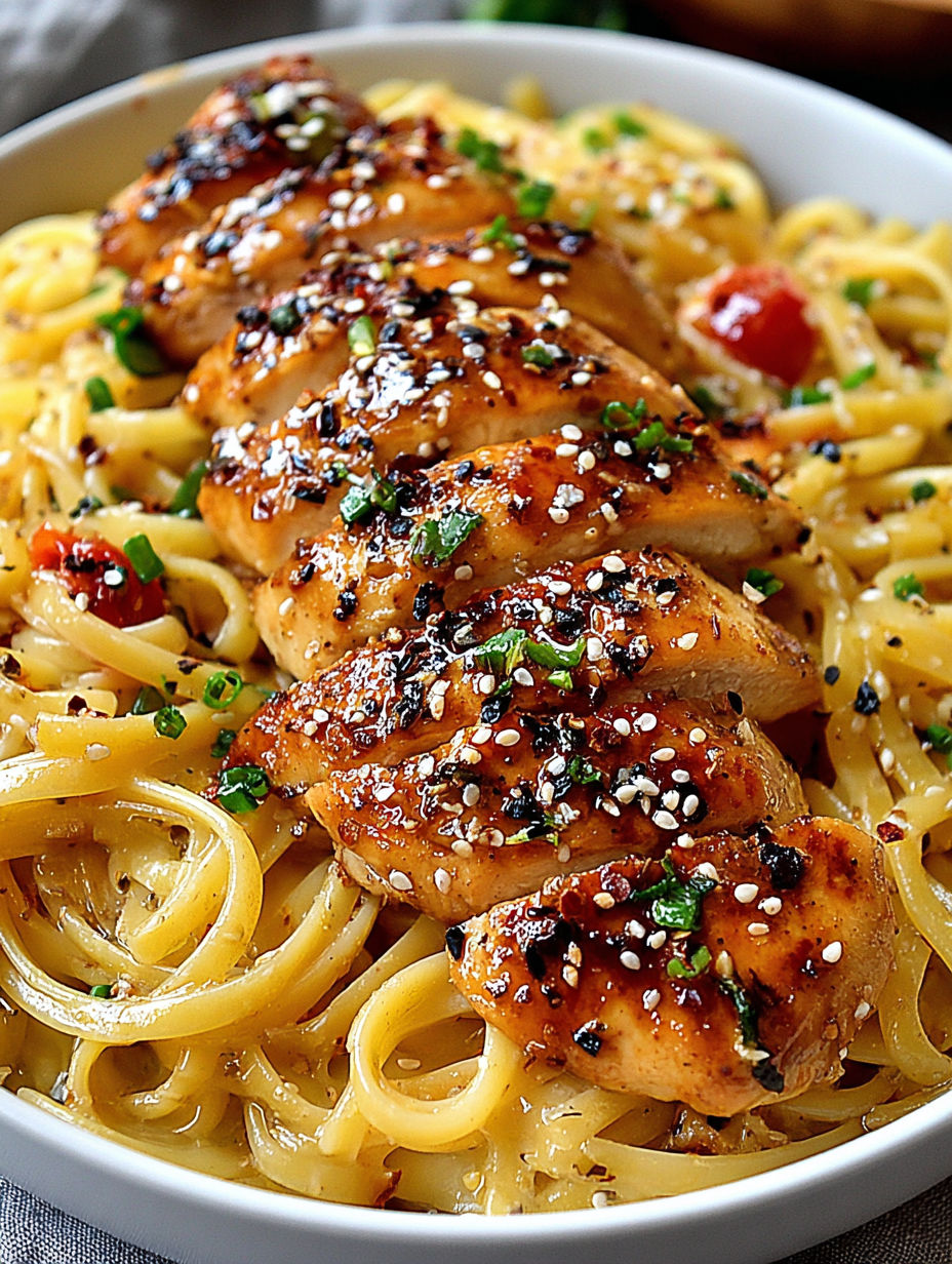 A plate of food with chicken and pasta.