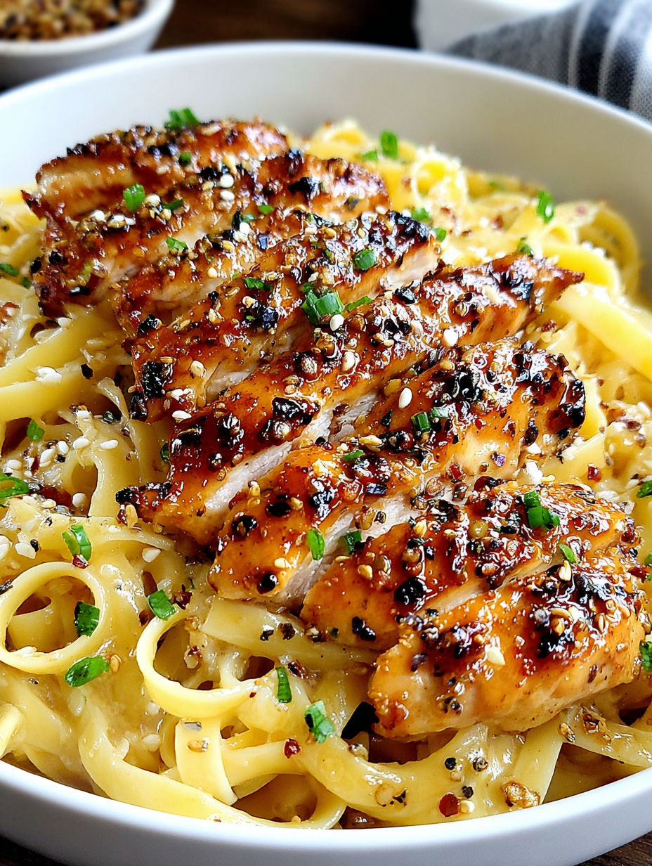 A delicious pasta dish with chicken and peppers.