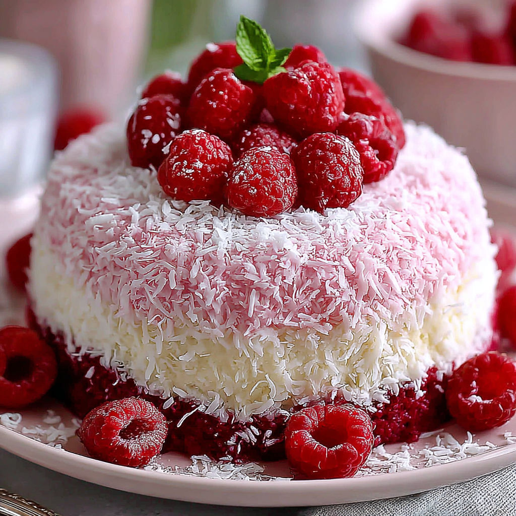 A pink cake with white frosting and raspberries on top.