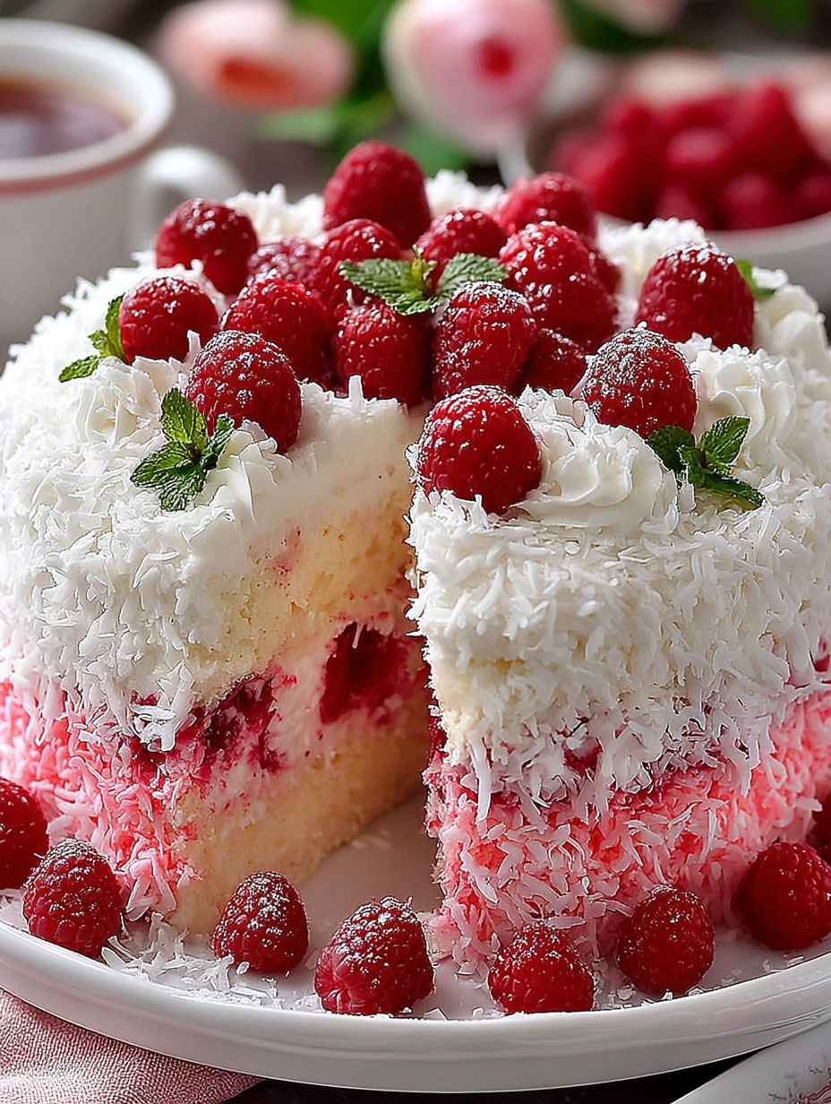 A slice of cake with white frosting and red raspberries.