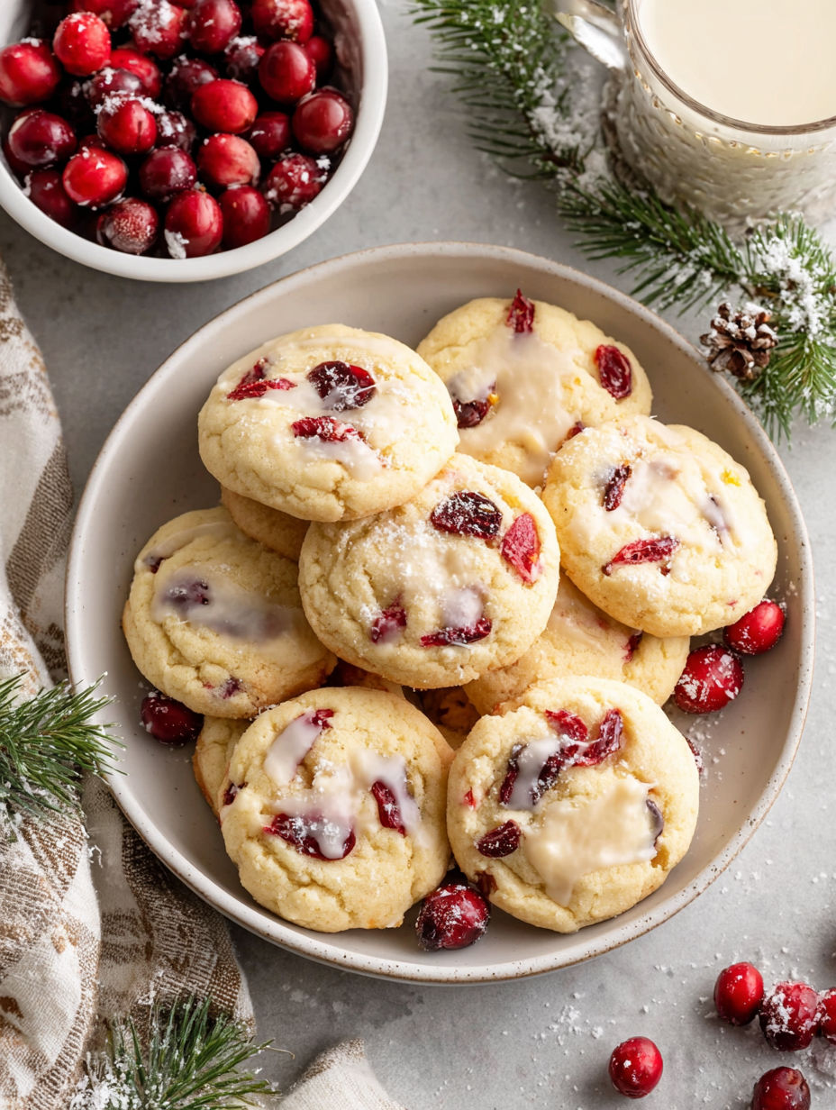 A plate of cookies with cranberries and orange.