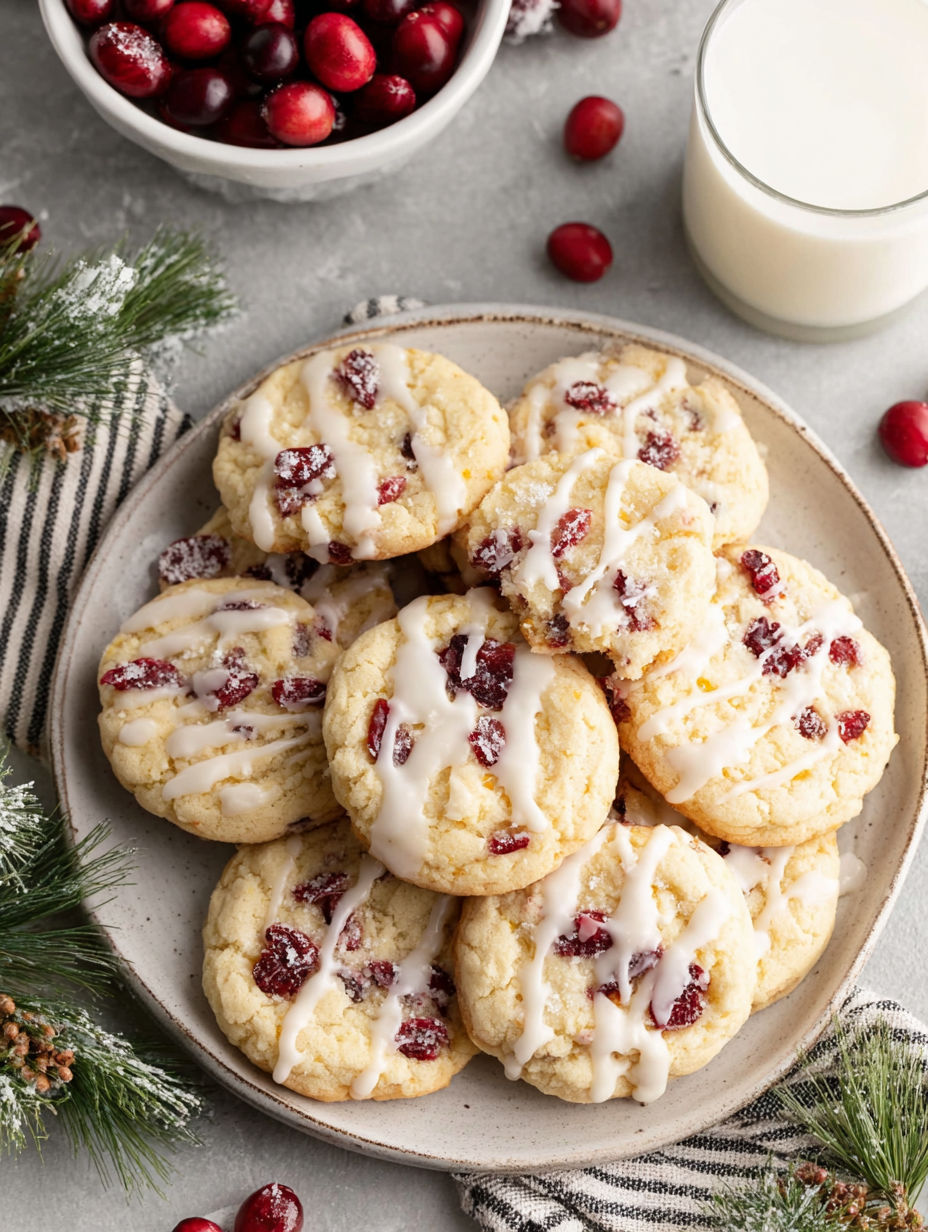 A plate of cookies with white icing and red berries.