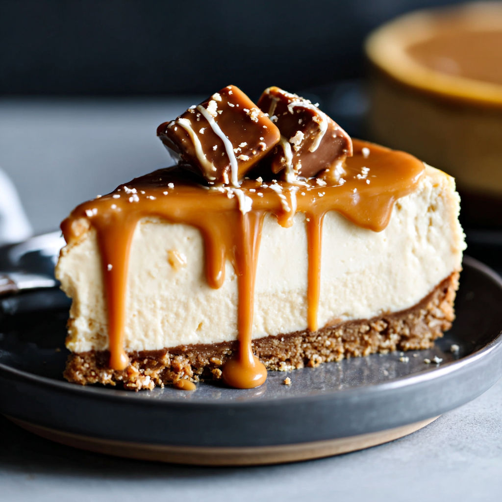 A slice of butterscotch cheesecake with caramel drizzled on top.