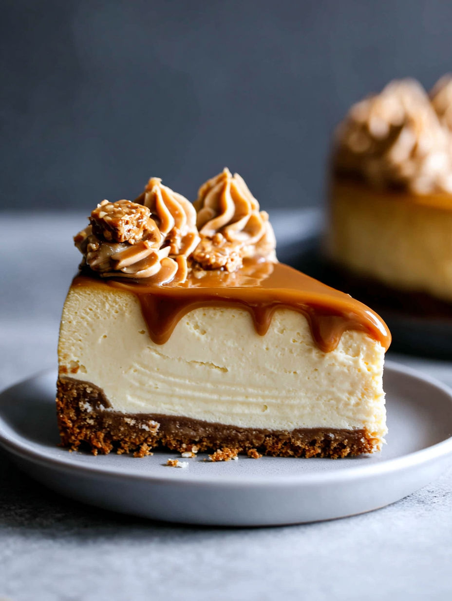 A slice of cheesecake with caramel drizzled on top.