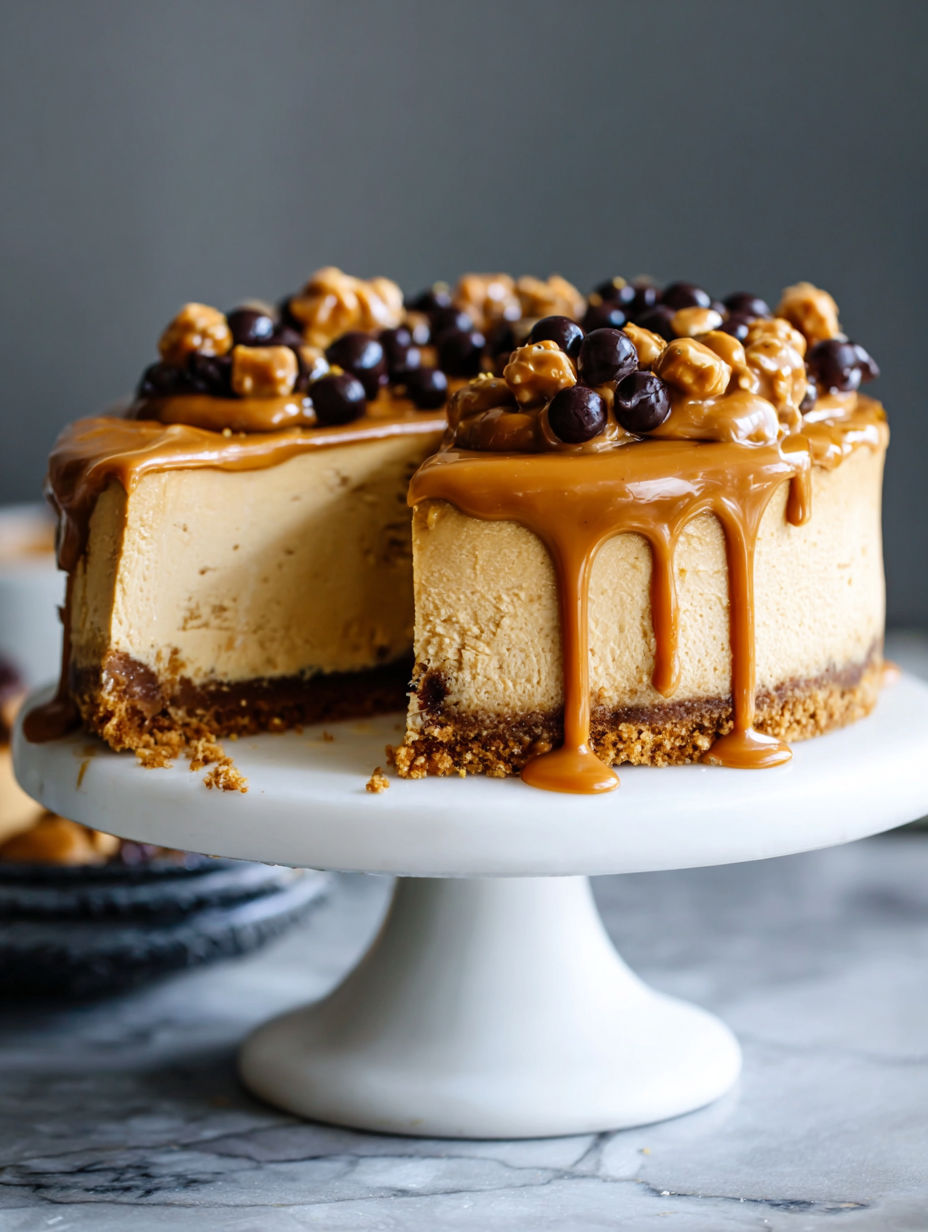 A slice of cake with caramel drizzled on top.