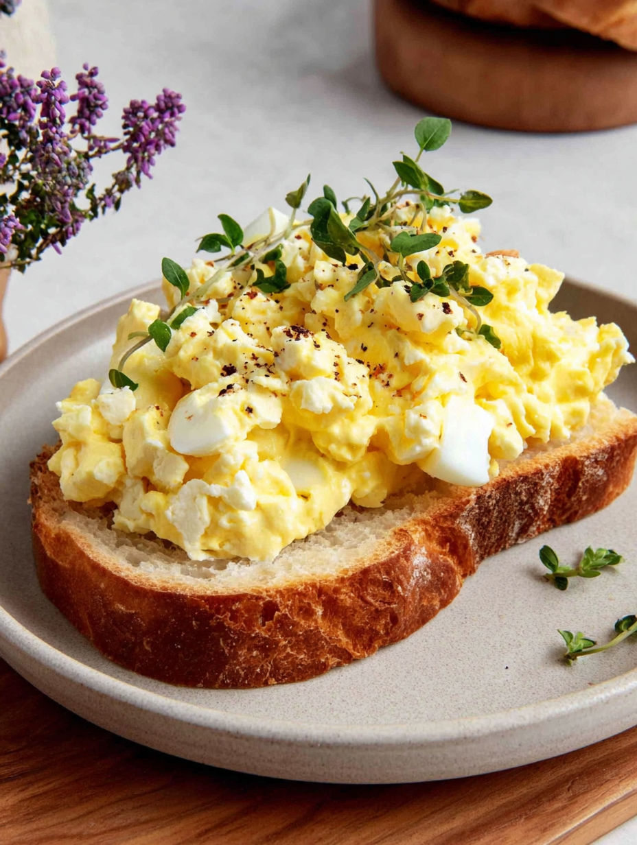 A plate of scrambled eggs with toast.