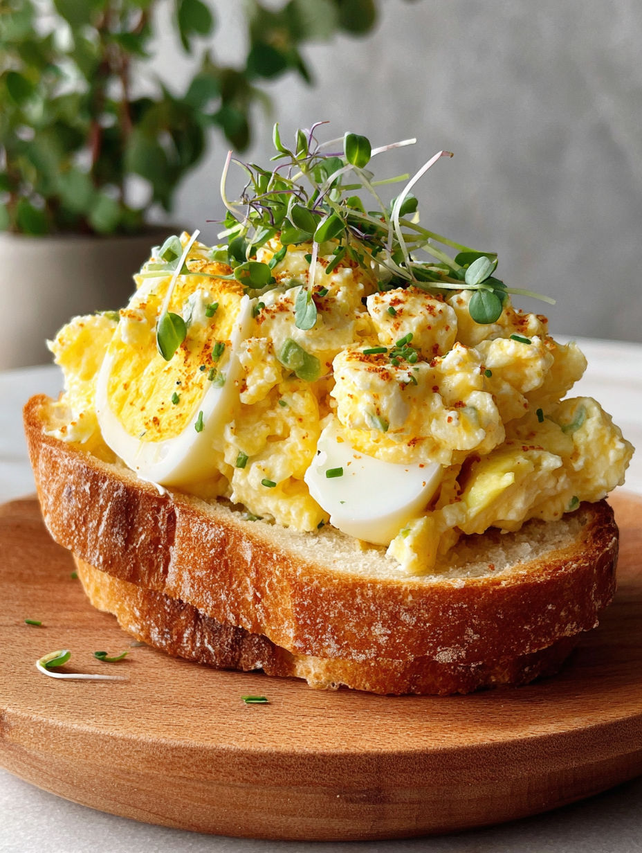 A sandwich with eggs, cheese, and herbs on top.