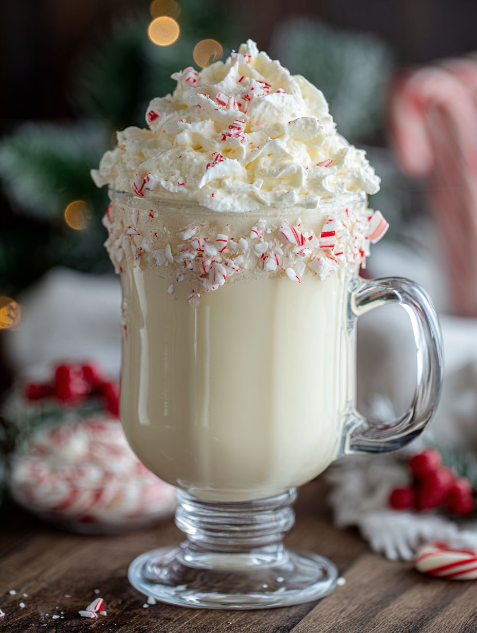 A glass of peppermint milk with a candy cane on the side.