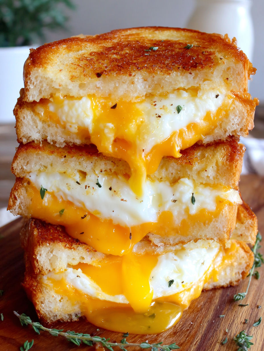 A stack of grilled cheese sandwiches with fried eggs.