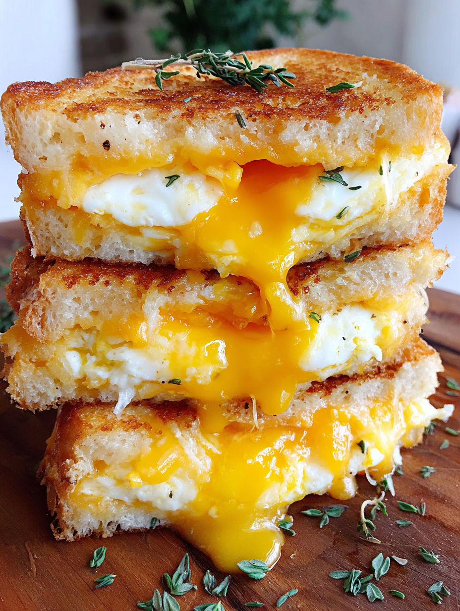 Three grilled cheese sandwiches with fried eggs on top.