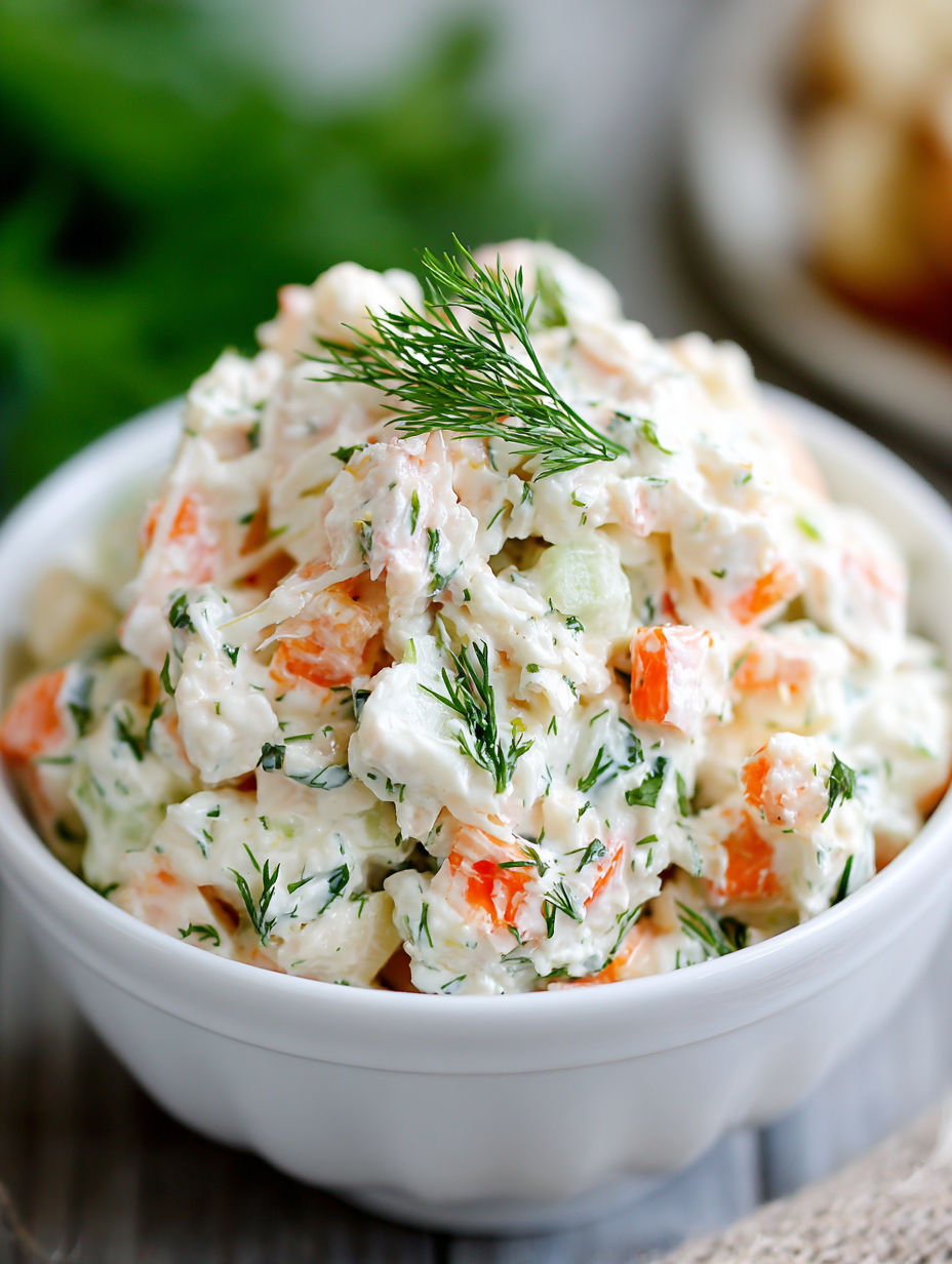 A white bowl filled with a delicious crab salad.