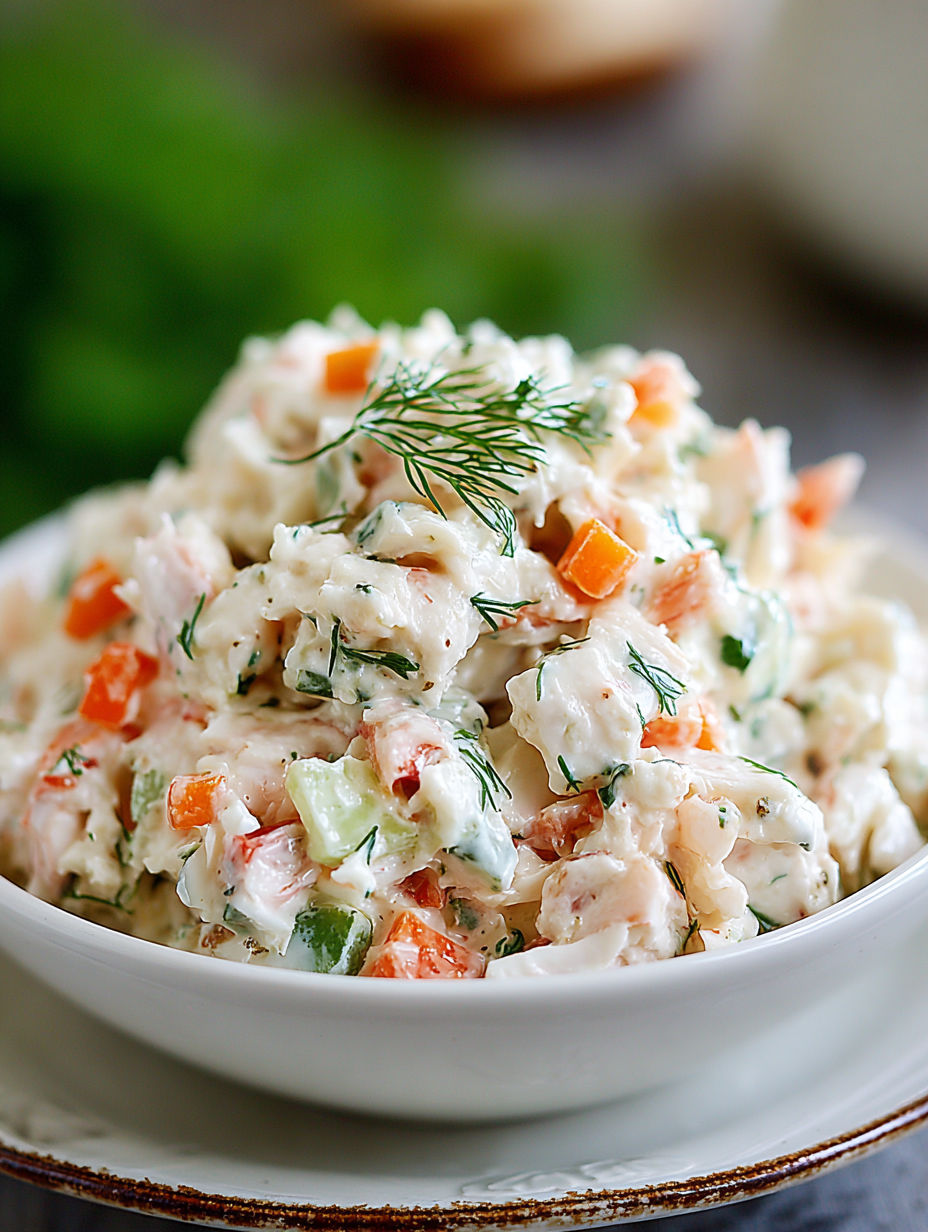 A white bowl filled with a delicious crab salad.