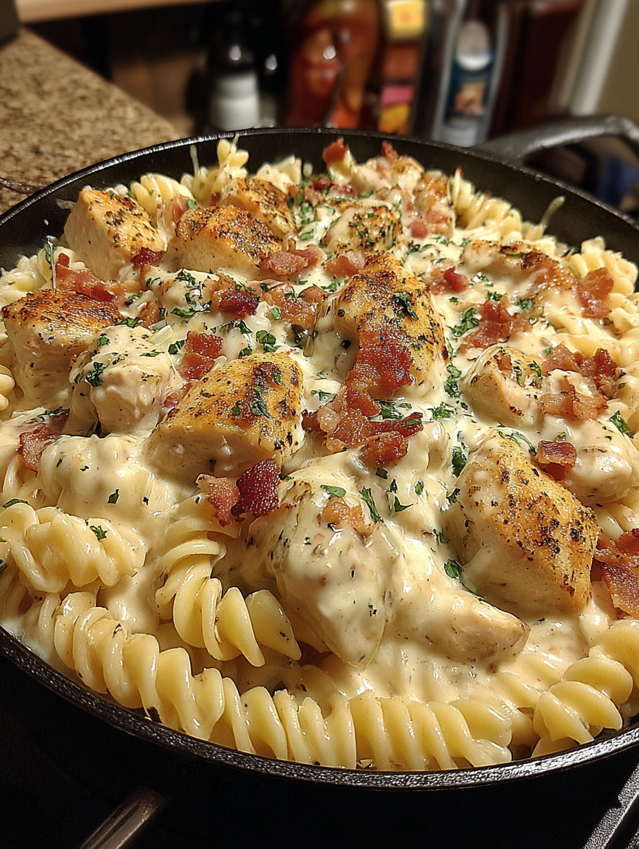 A delicious meal of pasta with chicken and bacon.