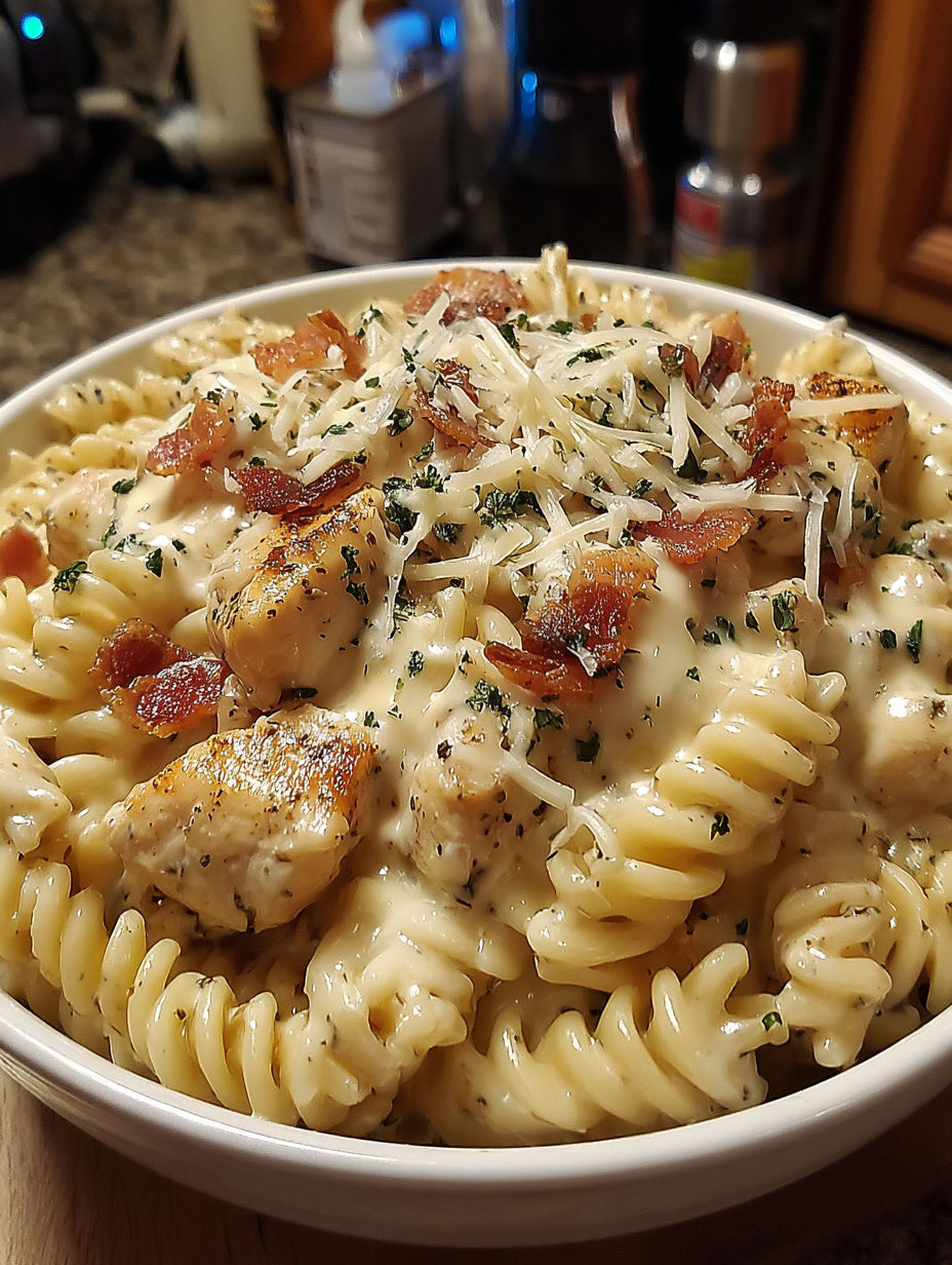 A bowl of pasta with chicken and bacon.