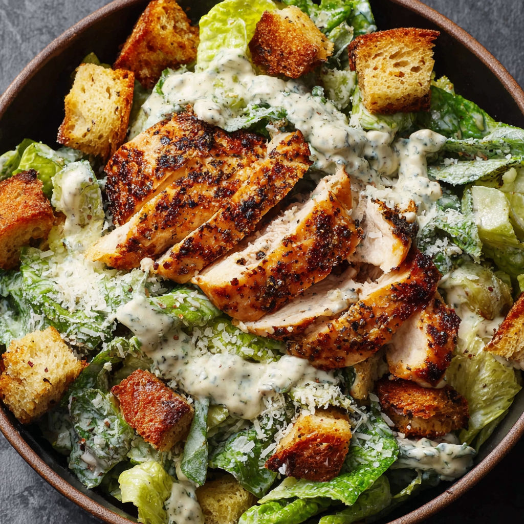 A bowl of chicken Caesar salad.
