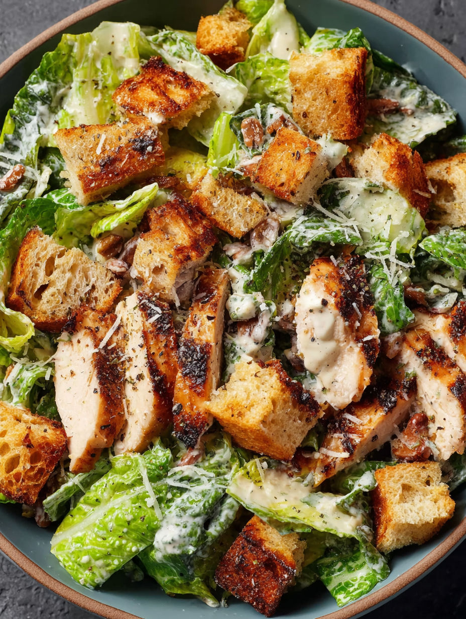 A bowl of salad with chicken, bread, and cheese.