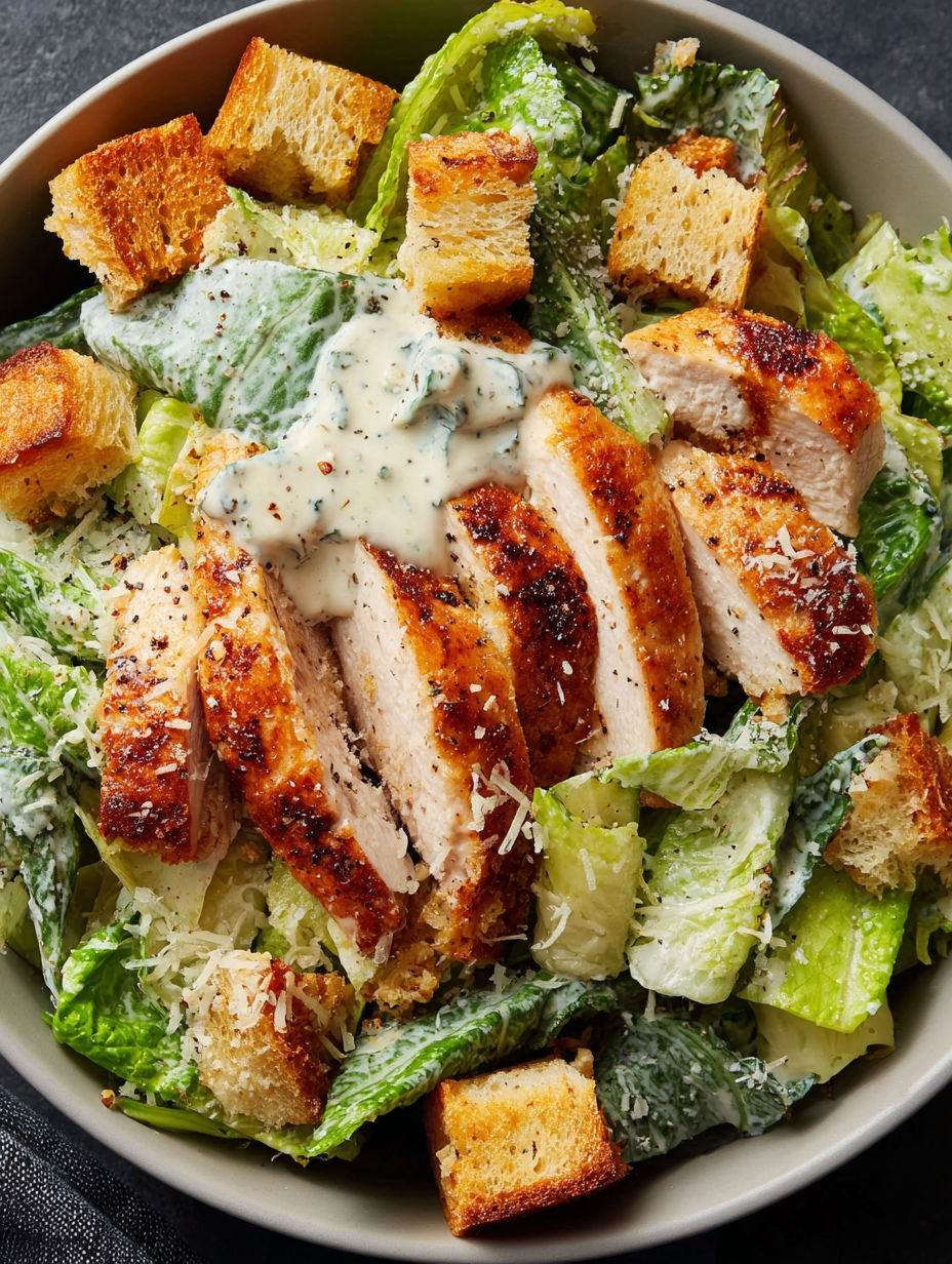 A bowl of salad with chicken and bread.