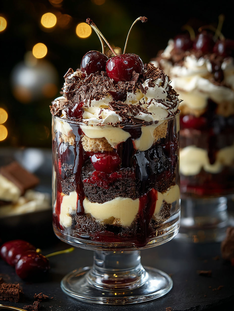 A close up of a Black Forest Trifle for Christmas.