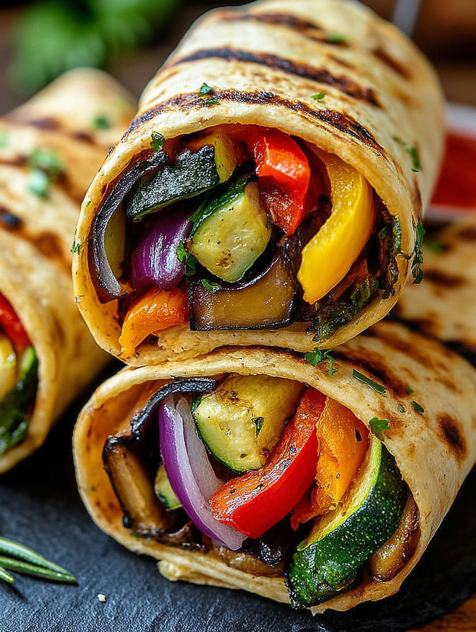 A vegetable wrap with a variety of vegetables including zucchini, tomatoes, and peppers.