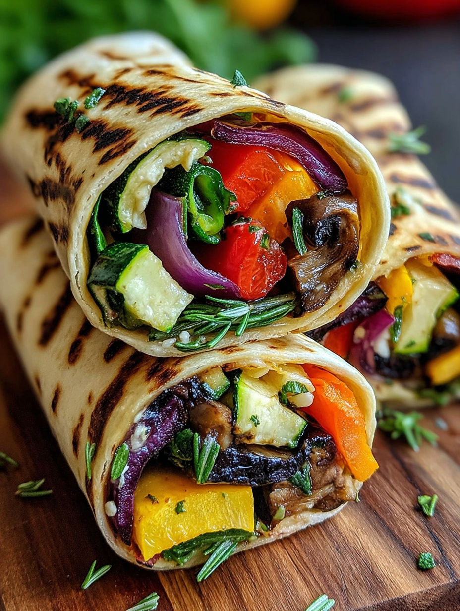 A vegetable wrap with a variety of vegetables including zucchini, tomato, onion, and mushroom.