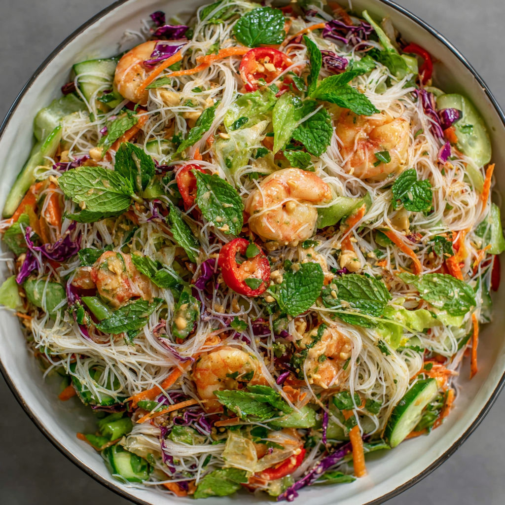 A bowl of spring roll salad with peanut dressing.