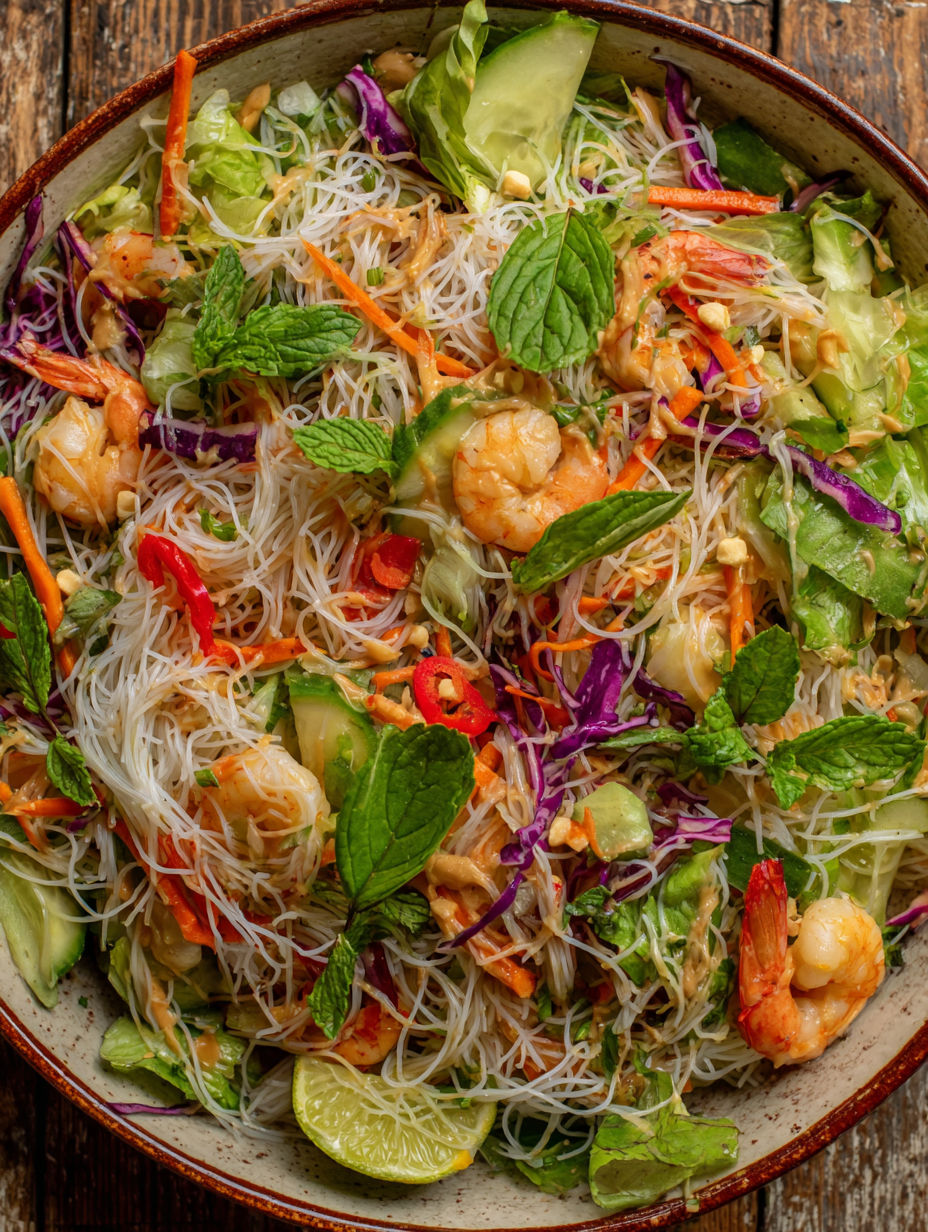 A bowl of shrimp and vegetable noodle salad.