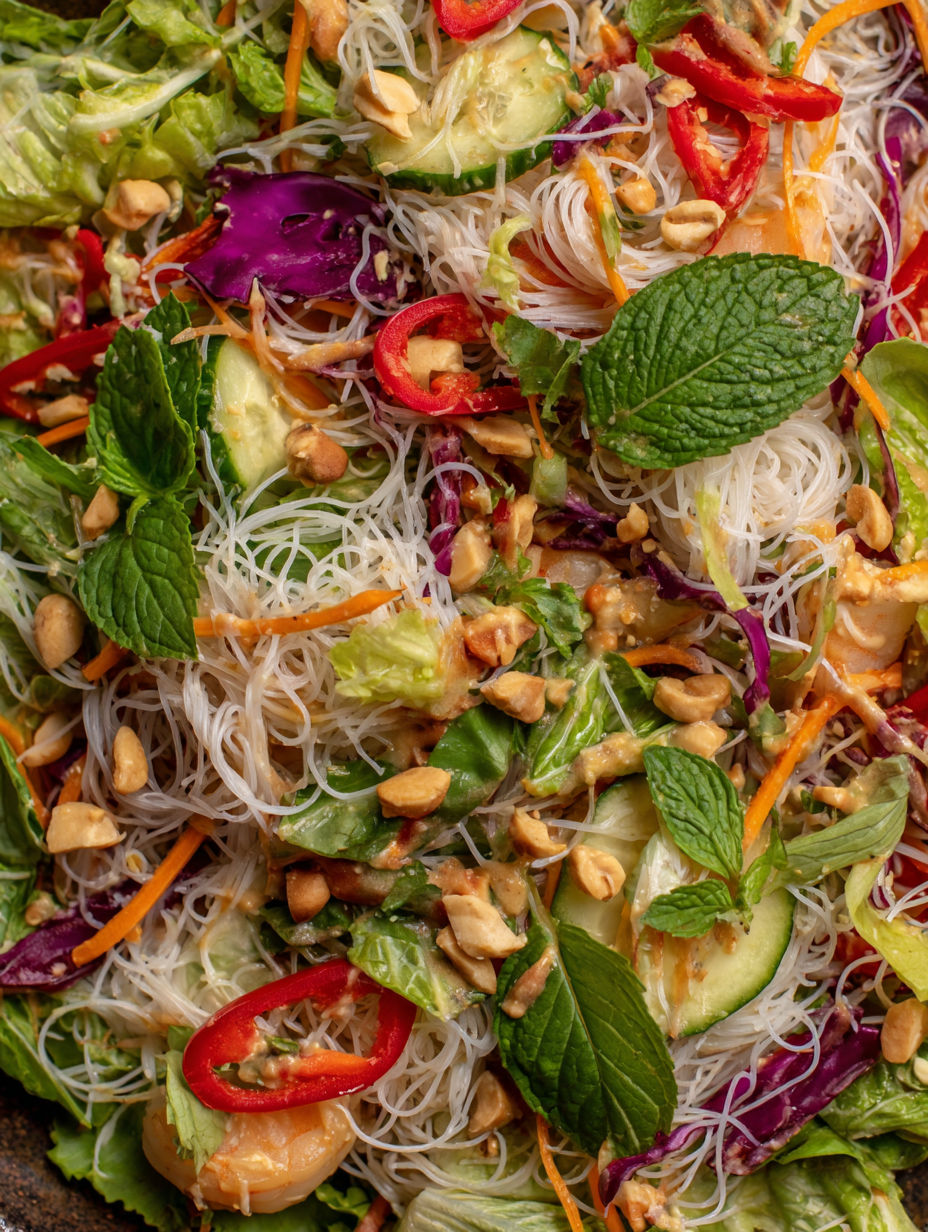 A close up of a salad with noodles, vegetables, and nuts.