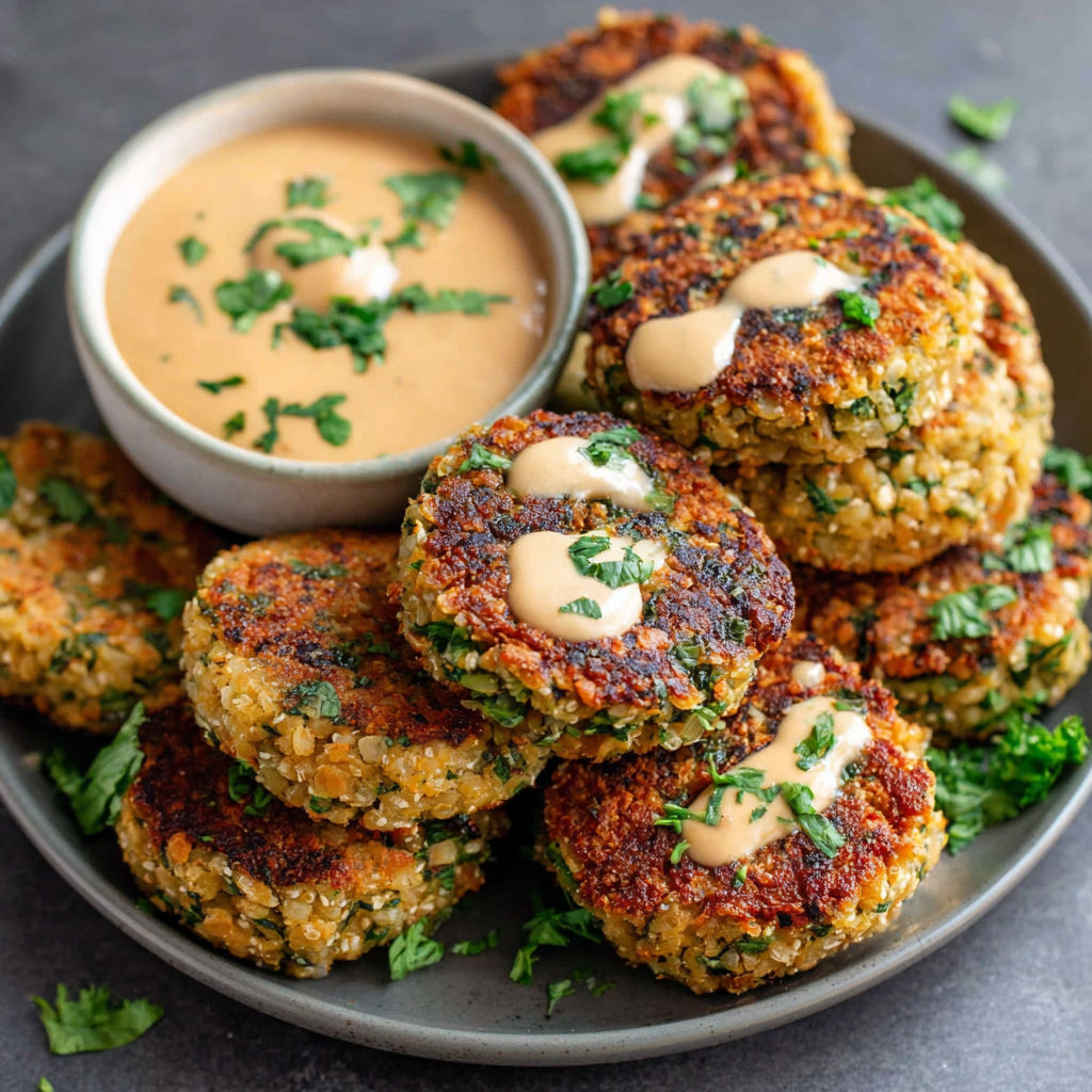 A plate of baked falafel with tahini sauce.