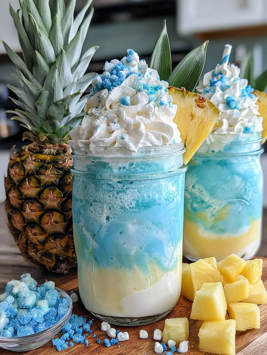 Two Ocean Love Colada Frappuccino drinks with pineapple and blue raspberry toppings.