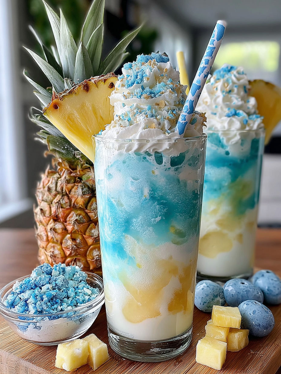 Two Ocean Love Colada Frappuccinos with pineapple and blue raspberry toppings.