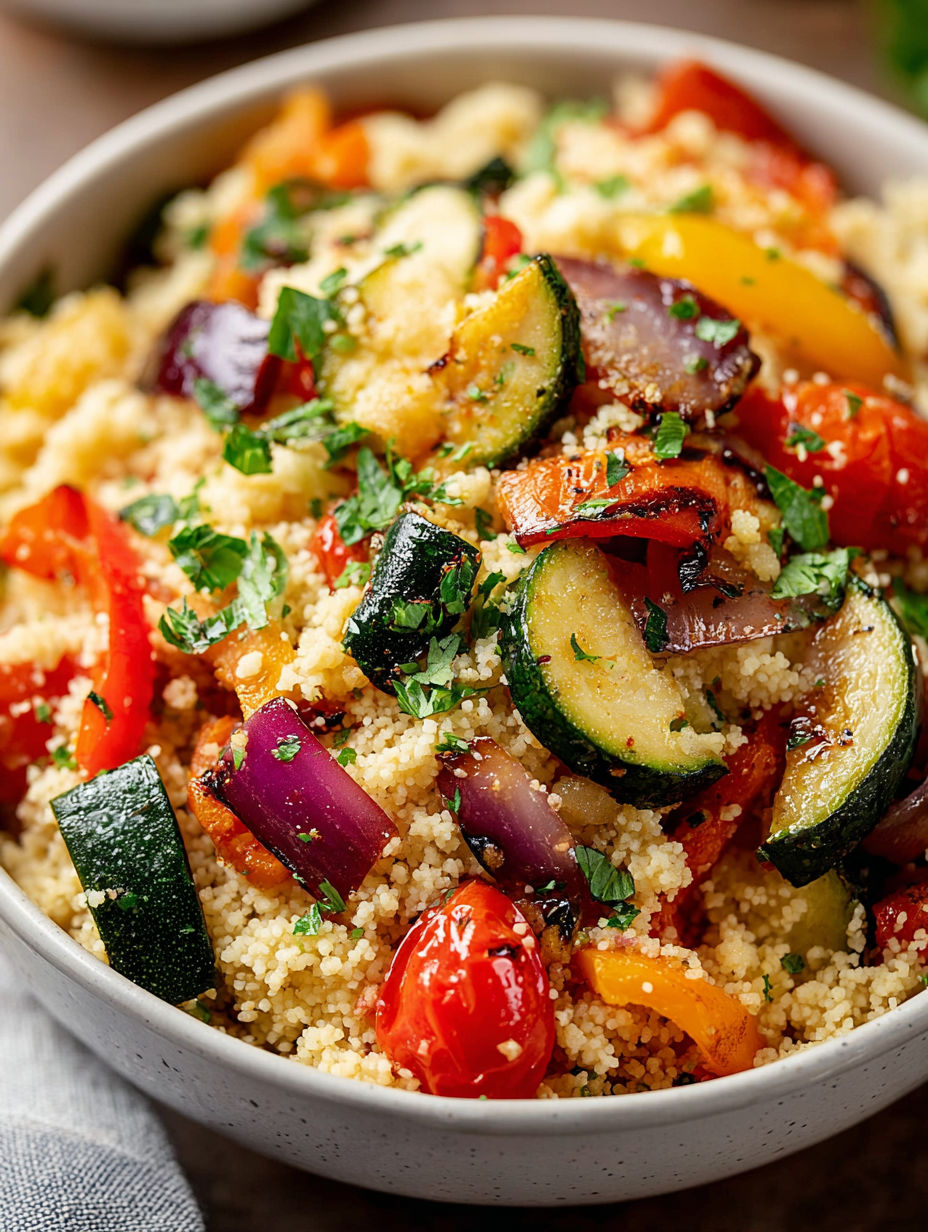 A bowl of roasted vegetables with couscous.