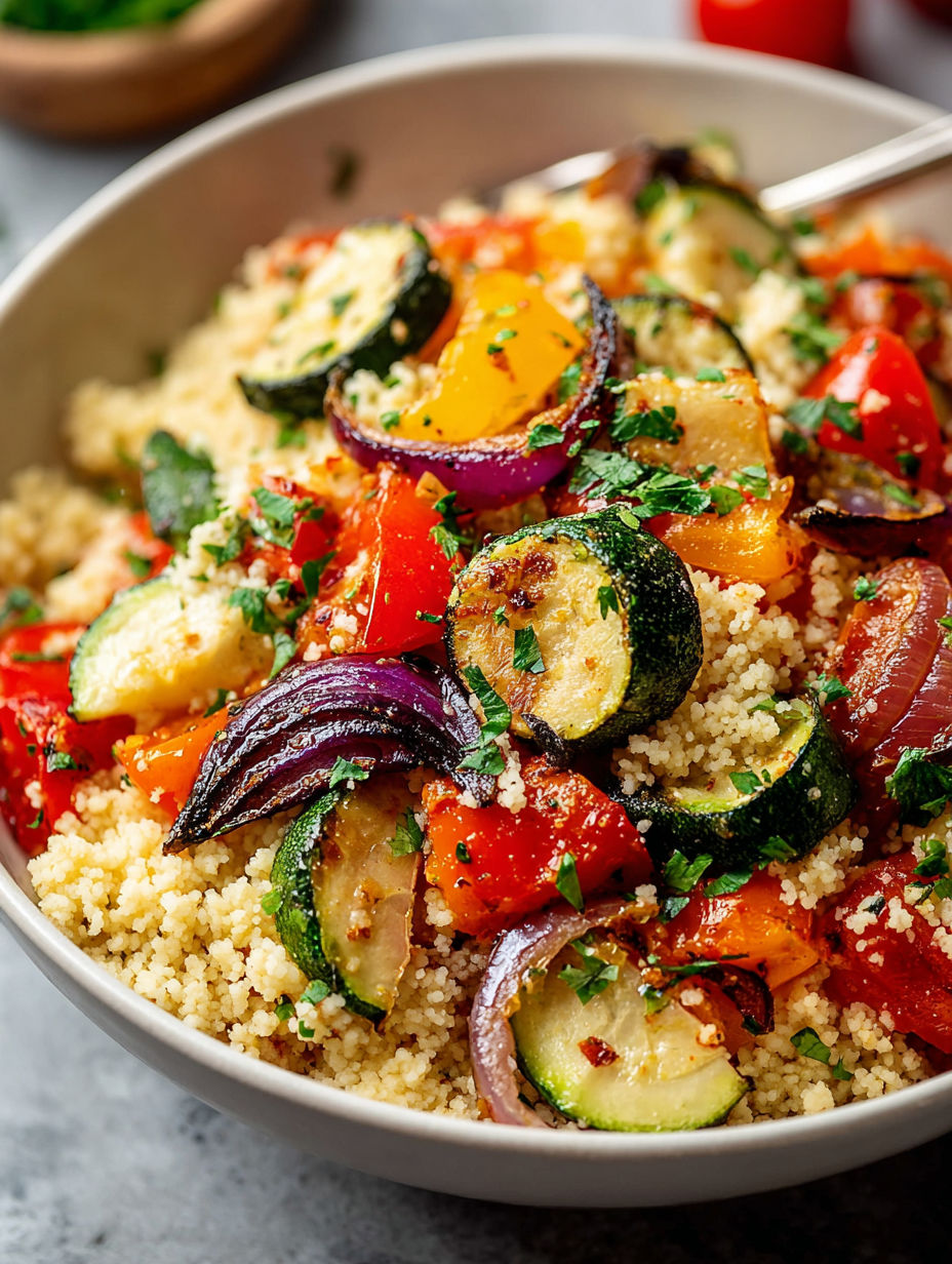 A bowl of roasted vegetables with couscous.