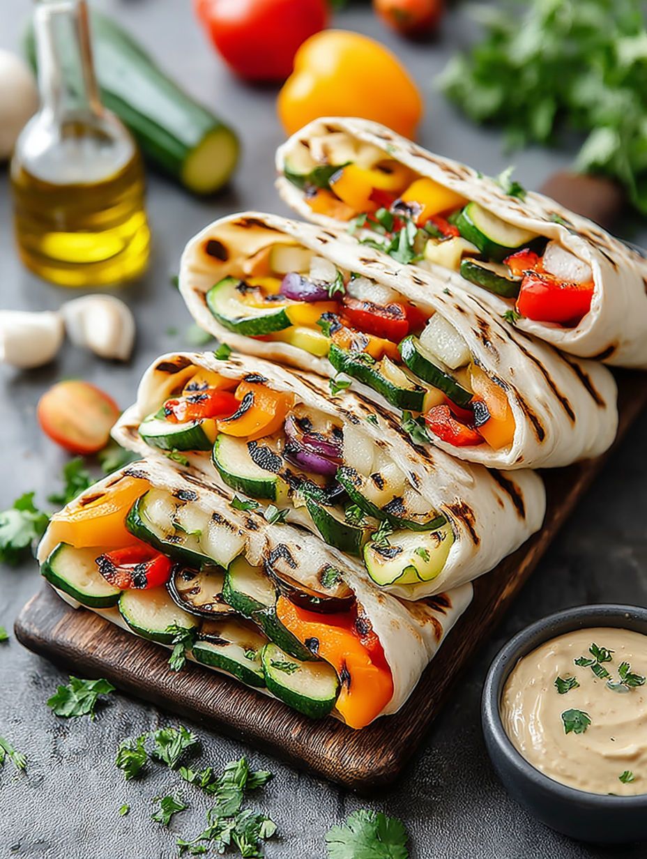 A vegetable wrap with a variety of vegetables including zucchini, tomatoes, and peppers.