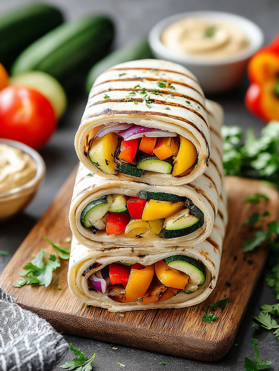 A vegetable wrap on a wooden board.