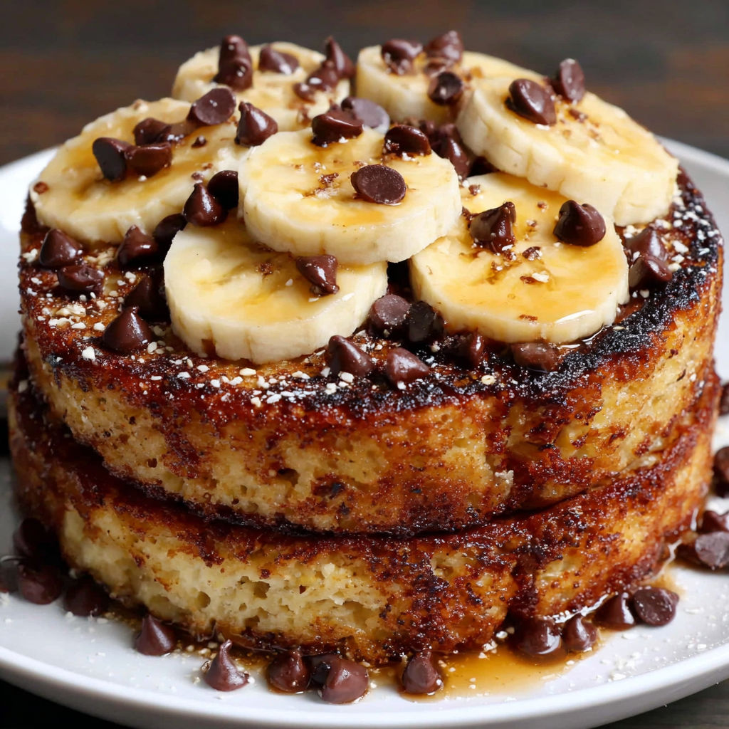 A stack of banana pancakes with chocolate chips on top.