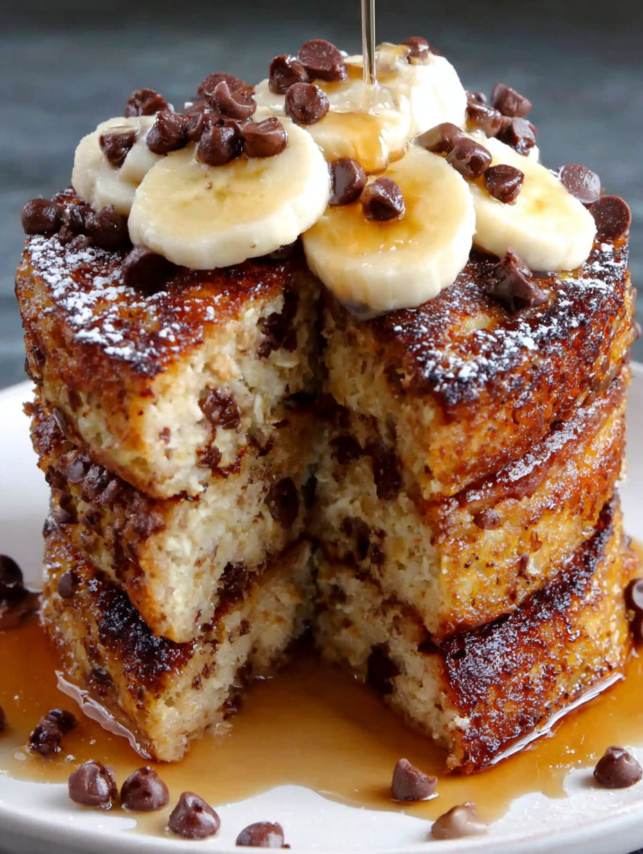 A stack of banana pancakes with chocolate chips on top.