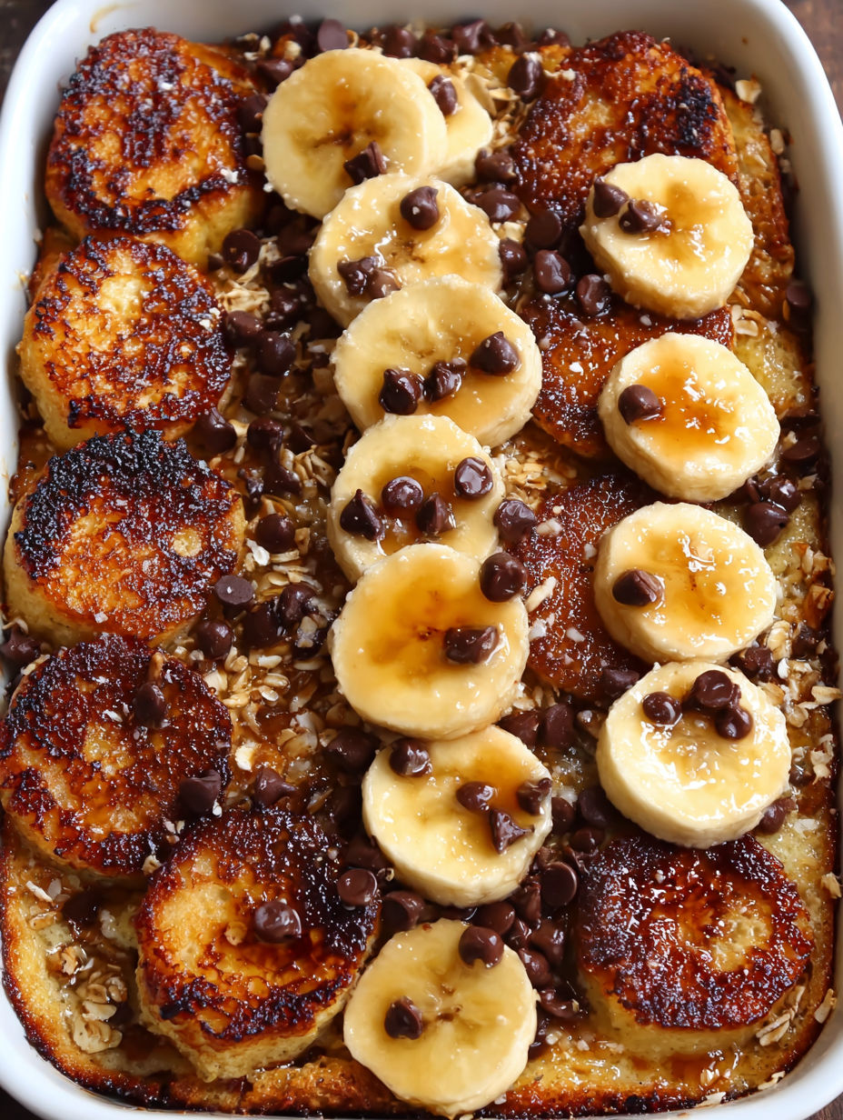 A pan of banana pancakes with chocolate chips.