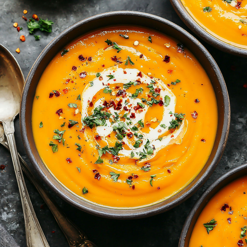 A bowl of soup with spices and herbs.