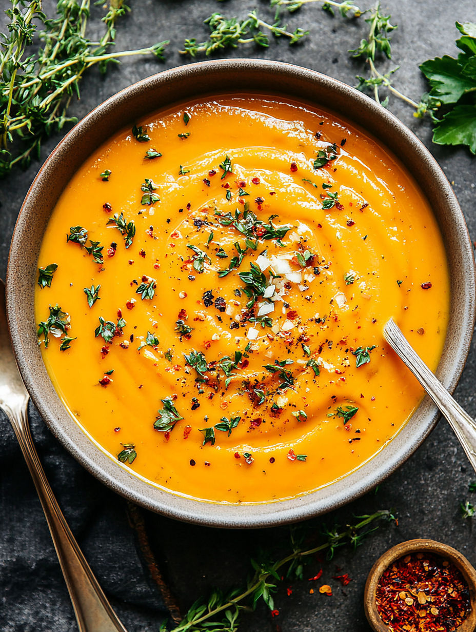 A bowl of soup with spices and herbs.