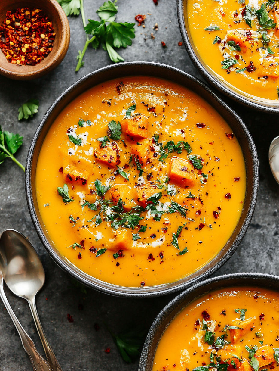A bowl of soup with a spoon in it.