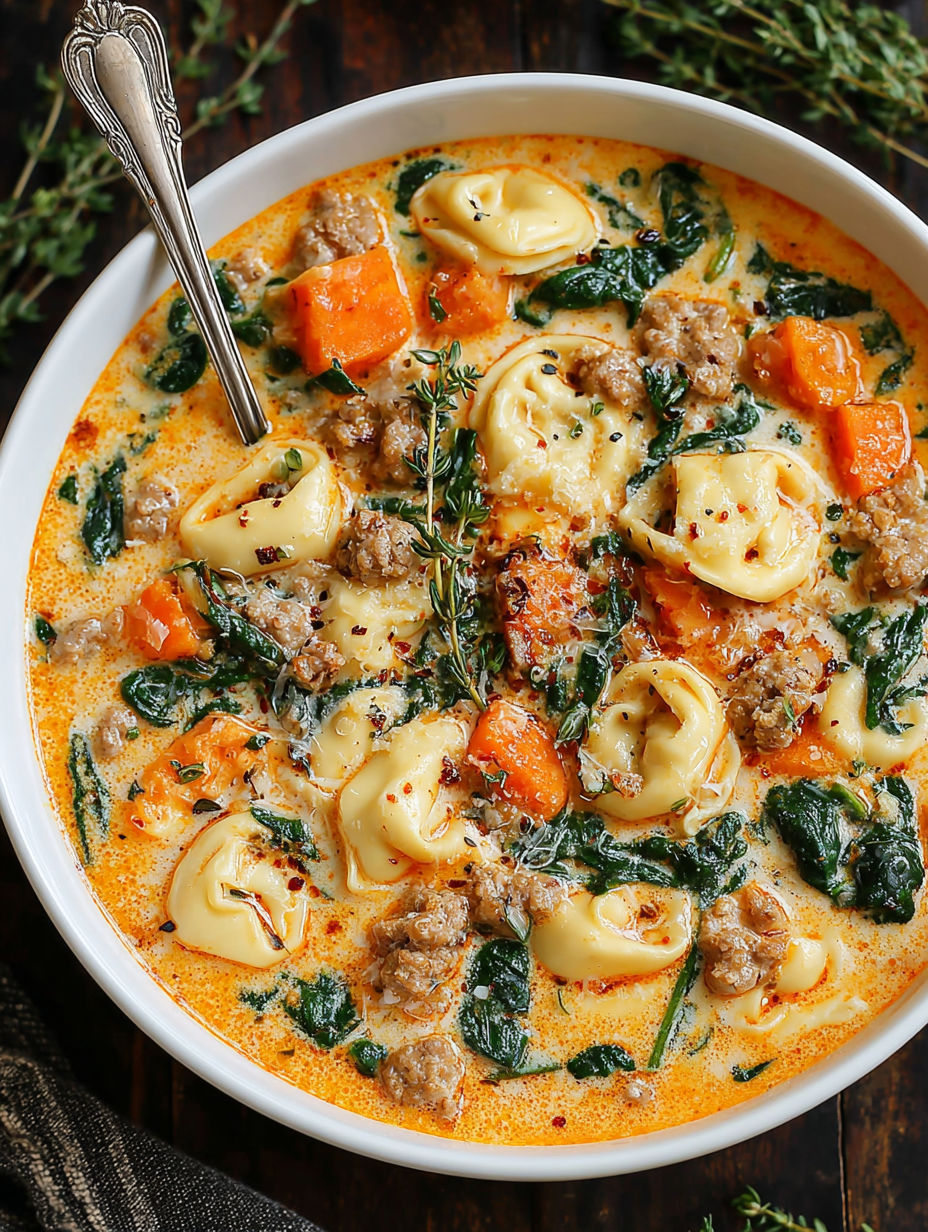 A bowl of soup with pasta, meat, and greens.