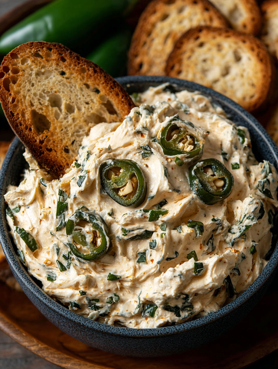 A bowl of dip with jalapenos in it.