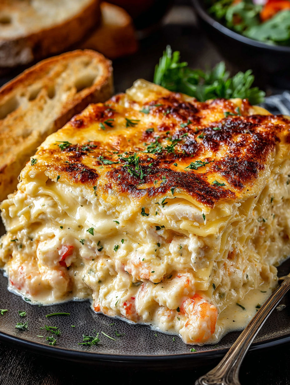 A casserole dish with a breadstick on the side.