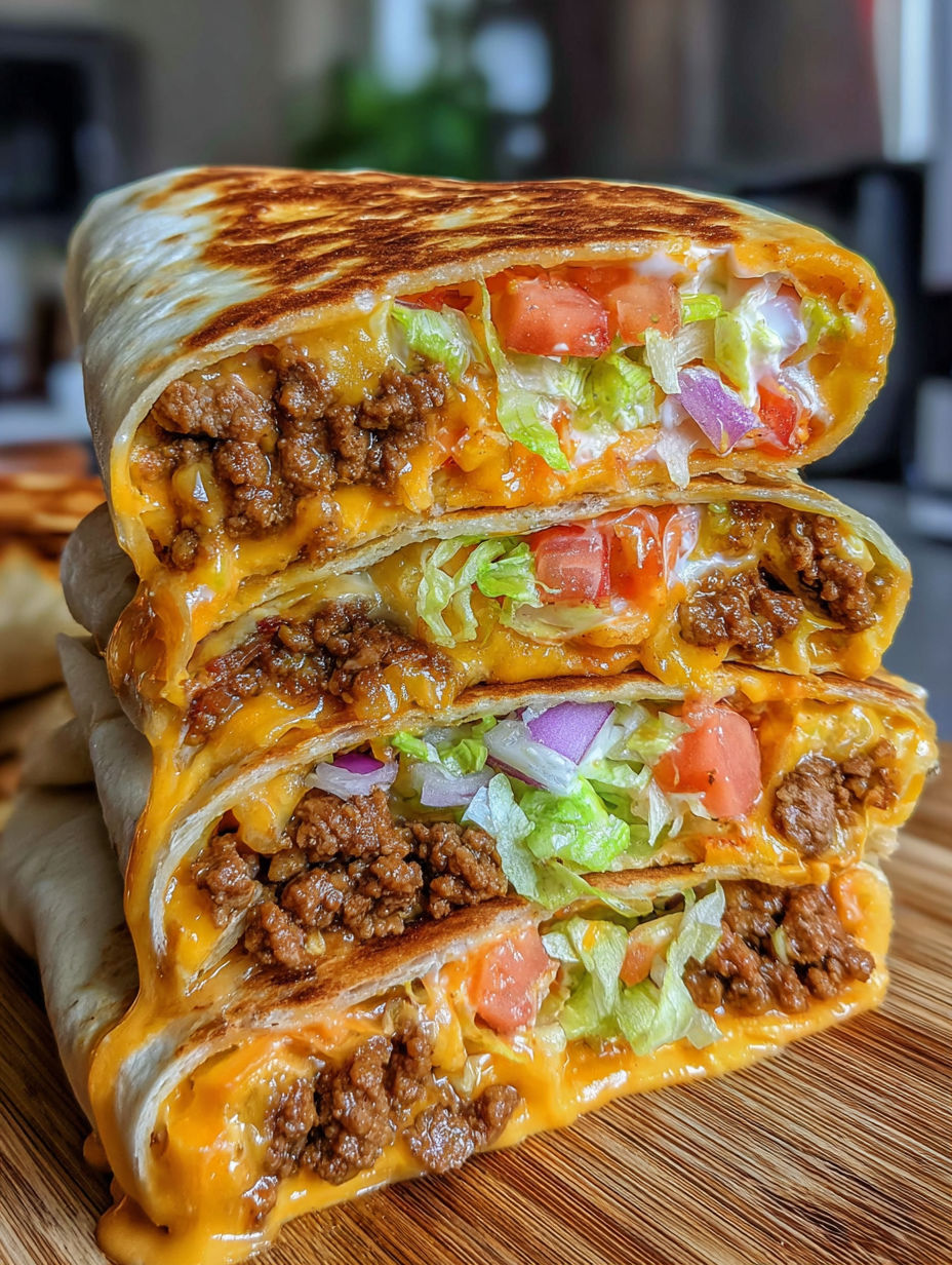 A stack of burritos with meat and vegetables.