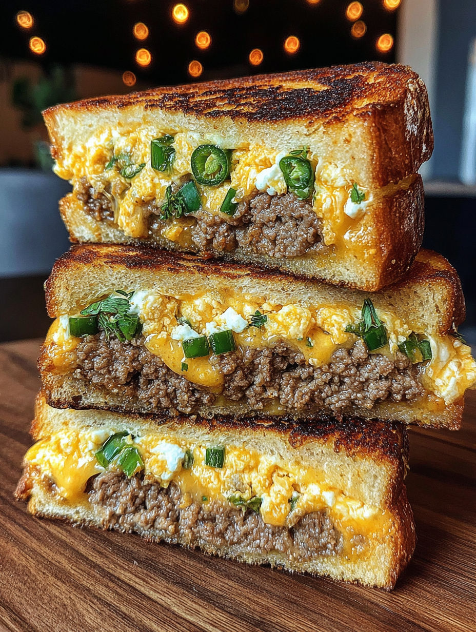 Three jalapeño popper patty melts stacked on top of each other.