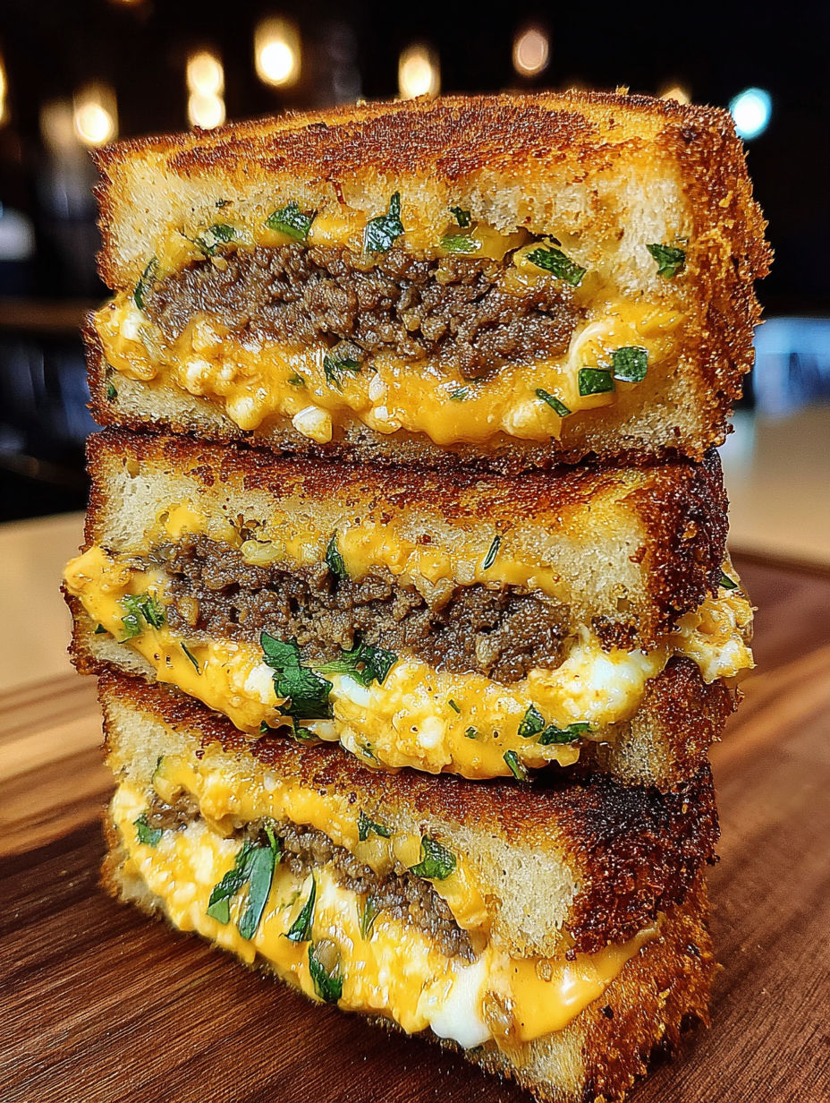 A stack of three jalapeño popper patty melts.