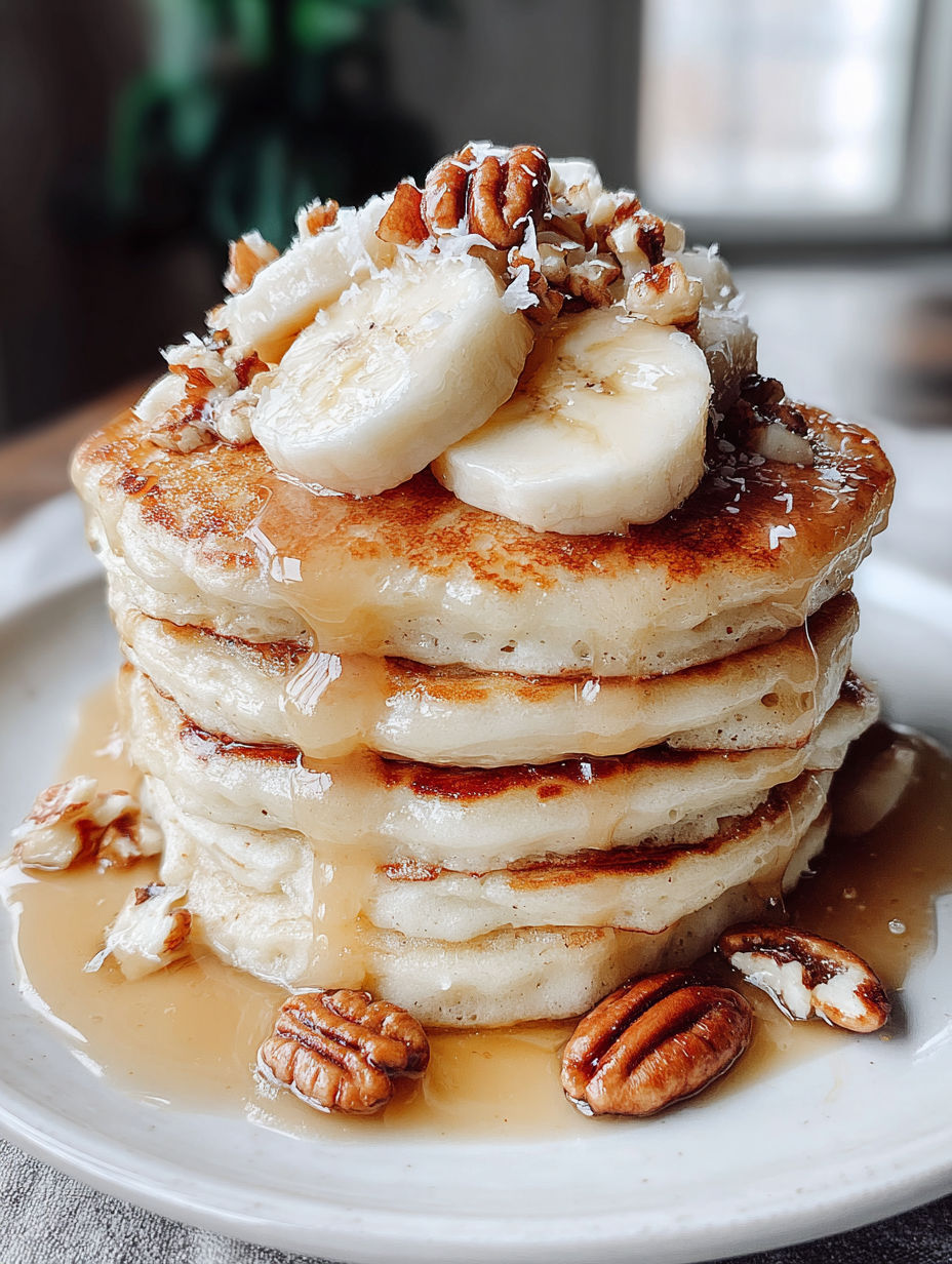 Banana pancakes with syrup and nuts.
