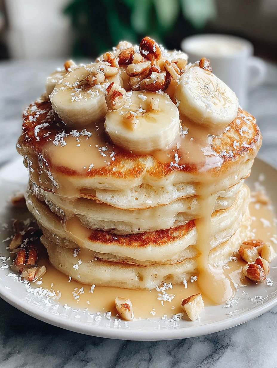 Banana pancakes with syrup and nuts.