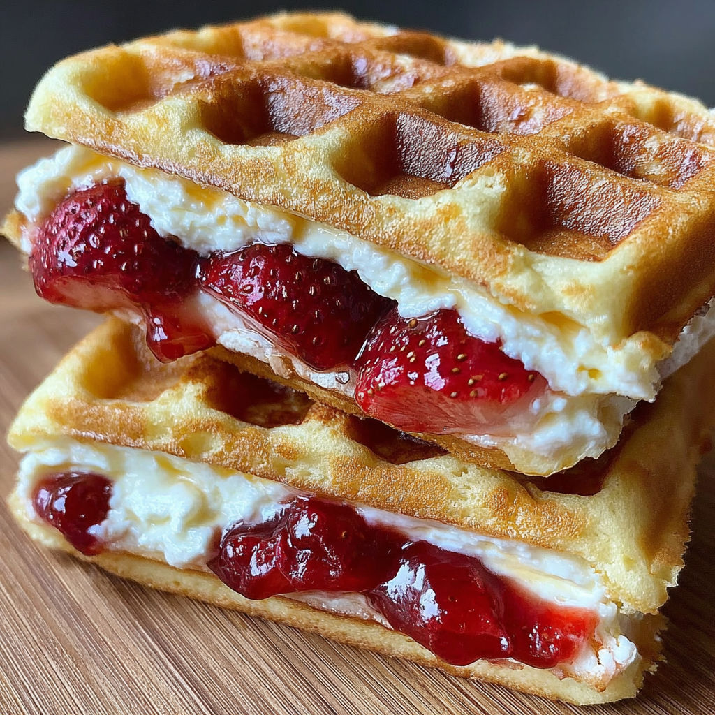 A stack of waffles with strawberries and whipped cream.