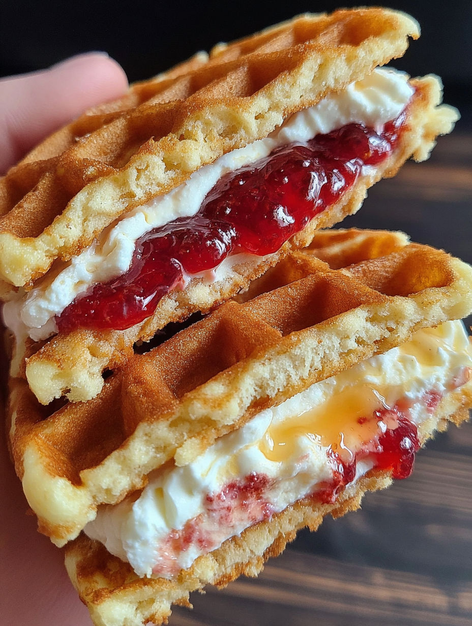 A person is holding a waffle sandwich with jelly.